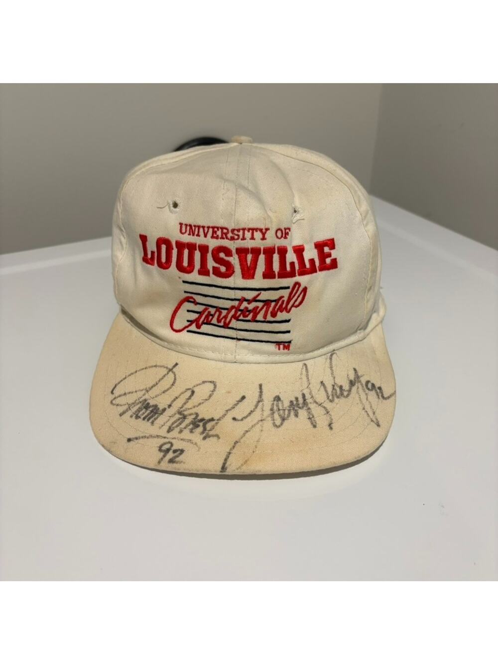 Vintage Louisville Cardinals Hat Cap Snap Back One Size White Signed WORN STAINS